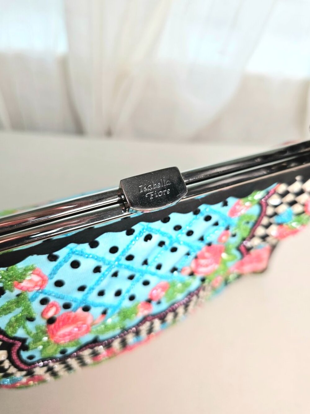 Isabella Fiore Beaded Frame Handbag Floral Patchwork Black Multi Vintage - Picture 13 of 13